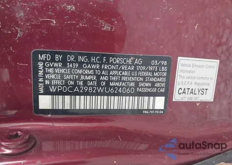 1998 Porsche Boxster z USA, uszkodzony, nr VIN WP0CA2982WU624060